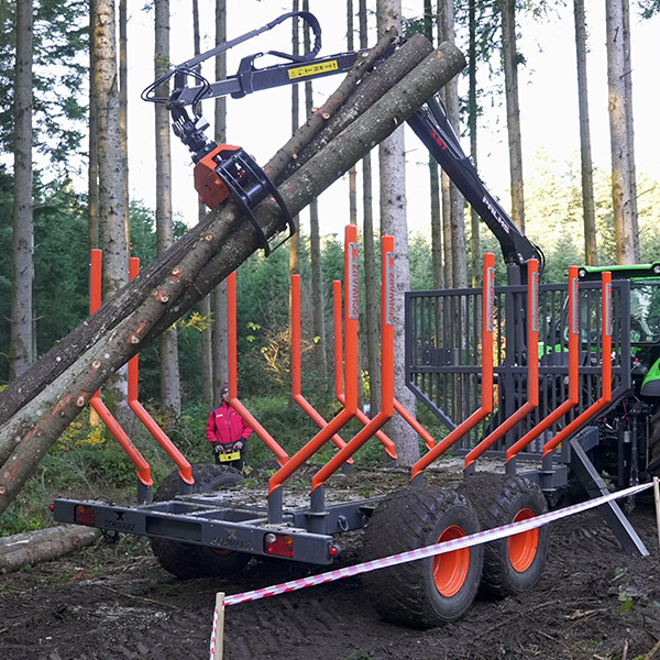 Rückewagen mit Kran und Holzstämmen